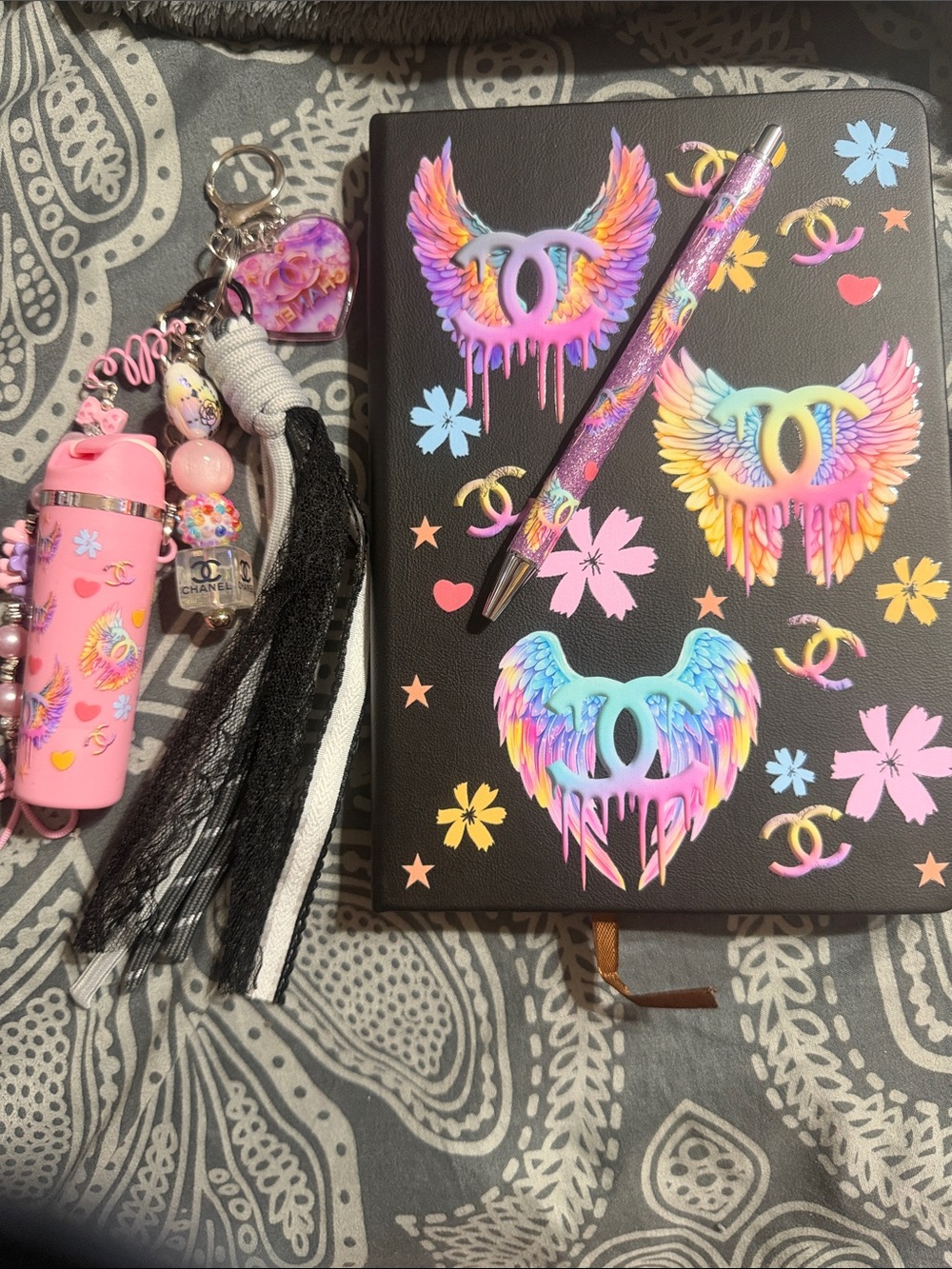 Colorful Winged Journal with Matching Pen + Pink Tassel Keychain.